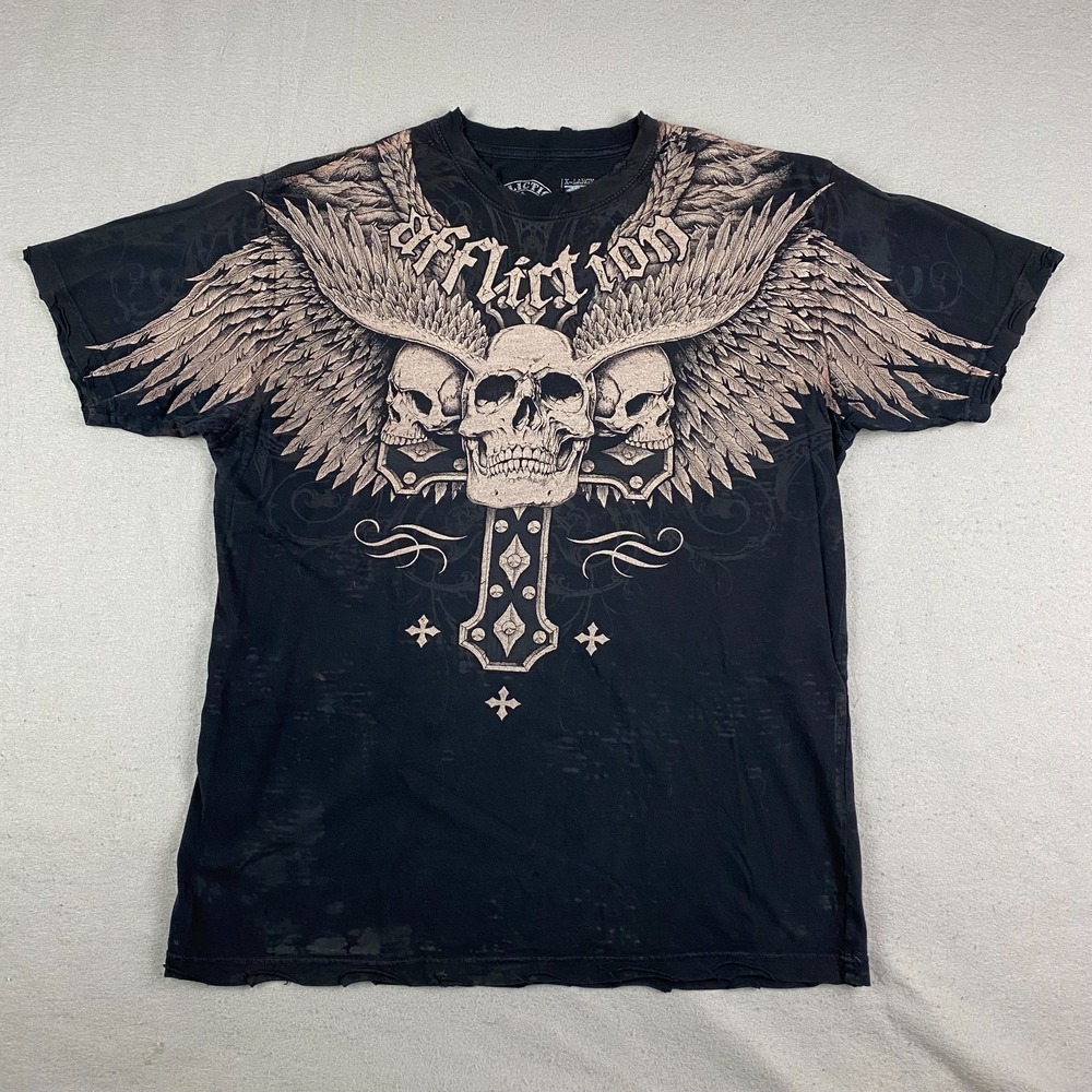 Affliction Crossed Over Skull Wings Shirt XL Gothic Black Distressed Grunge